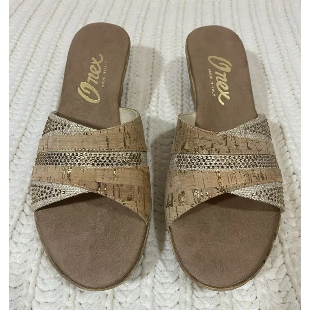 Onex Blanche Linen Stones Cork Wedge Sandals Shoes Made in Italy Womens 11 - Picture 2 of 13